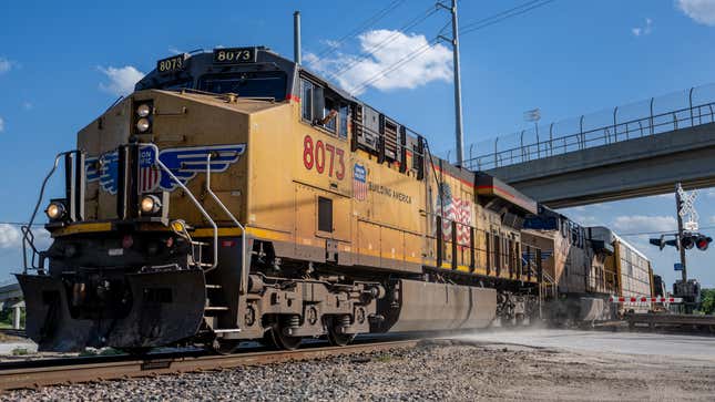 A photo of a freight train crossing America. 