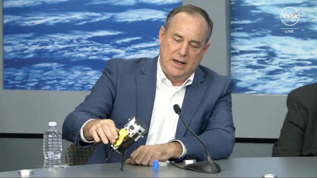 In this image from video provided by NASA, Steve Altemus, CEO and co-founder of Intuitive Machines, describes how it is believed the company&#39;s Odysseus spacecraft landed on the surface of the moon, during a news conference in Houston on Friday, Feb. 23, 2024. (NASA via AP)