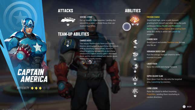 A screenshot shows the various abilities of Captain America.