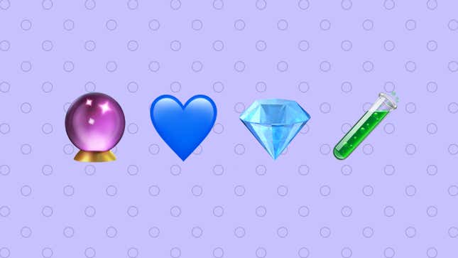 Emojis of a crystal ball, blue heart, jewel, and test tube are shown.