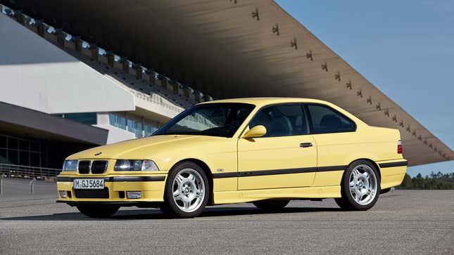 Dakar Yellow E36 BMW M3 front-quarter view