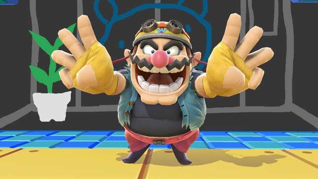 Wario in a biker outfit holding out both hands