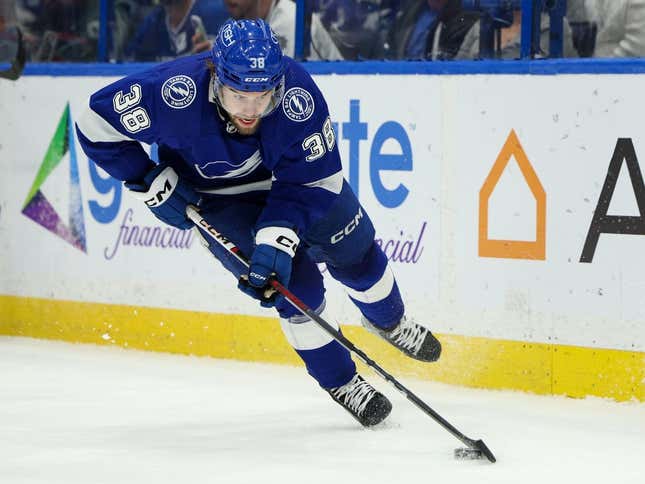 Feb 22, 2024; Tampa, Florida, USA; Tampa Bay Lightning left wing Brandon Hagel (38) controls the puck against the Washington Capitals in the second period at Amalie Arena.