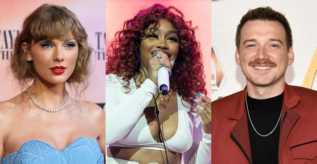 This combination of photos shows Taylor Swift at the world premiere of the concert film &quot;Taylor Swift: The Eras Tour&quot; in Los Angeles on Oct. 11, 2023, left, SZA performing at the Astroworld Music Festival in Houston on Nov. 5, 2021, center, and Morgan Wallen at the 57th Annual CMA Awards in Nashville, Tenn., on Nov. 8, 2023. (AP Photo)