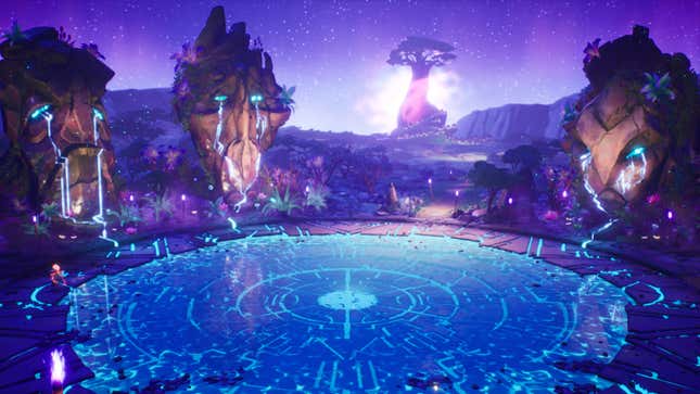 A glowing blue circle is flanked by masks made out of rocks, which appear to be crying. 