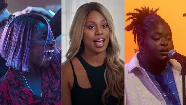 Michaela Coel in I May Destroy You (2020); Laverne Cox in Disclosure (2020); Chika performs during the Pandora LIVE Countdown to the GRAMMY Awards on March 11, 2021.