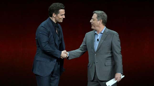 Lionsgate chairman Adam Fogelson with frequent collaborator Henry Cavill at CinemaCon.