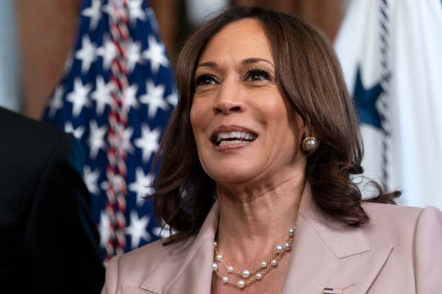 Vice President Kamala Harris smiles after ceremonially swearing-in Ambassador Bridget Brink as the Ambassador to Ukraine, in the Vice President’s Ceremonial office, Monday, June 27, 2022, at the Eisenhower Executive Office Building on the White House complex in Washington.