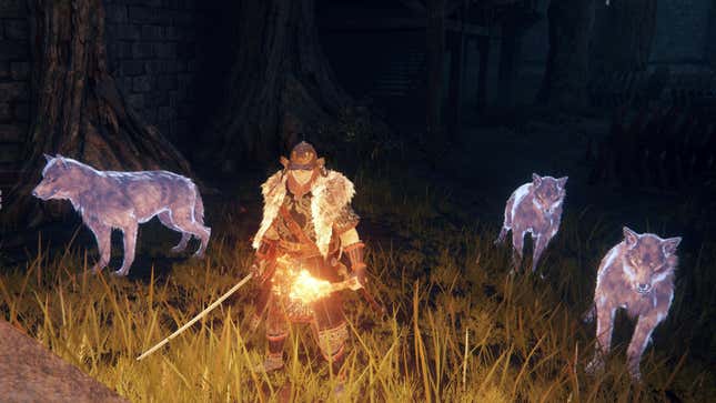 An Elden Ring screenshot depicting my Tarnished Samurai rolling deep with the ghostly wolf pack.