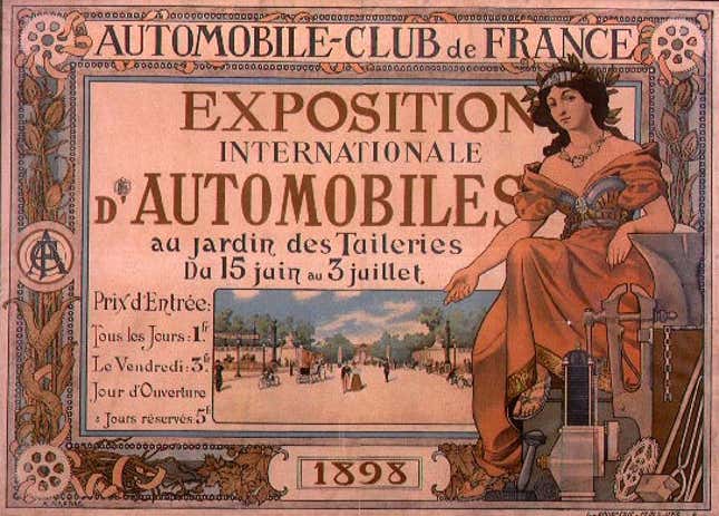 An image of an advert for the first motor show in Paris in 1898. 