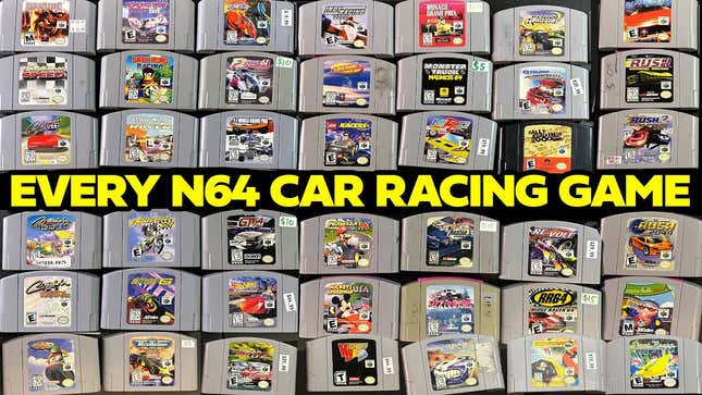A photo of a bunch of N64 racing game cartridges lined up next to eachother 