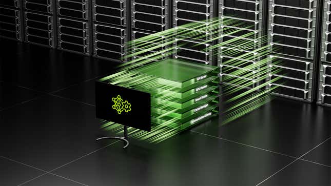 digital image of a computer with green gears on the screen in front of a wall of servers and green light passing between them