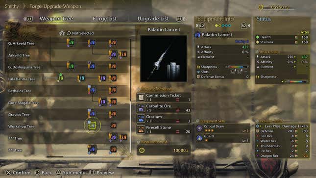 The Lance Weapon Tree screen, showing off the Paladin Lance I.