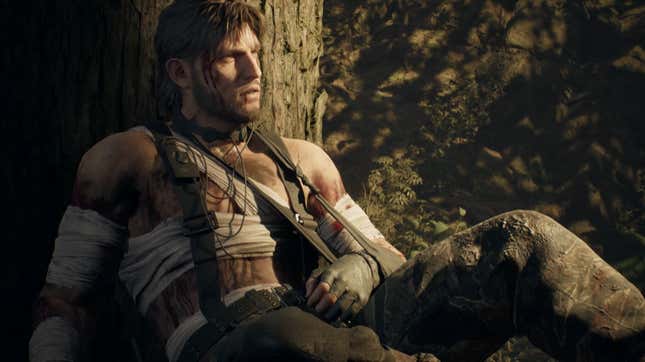 Naked snake injured sitting near tree