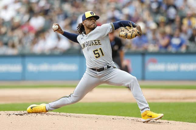 Freddy Peralta of the Milwaukee Brewers pitches in the first