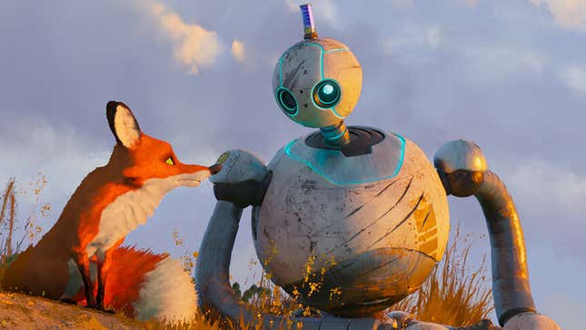 A robot sits next to a fox in a field.