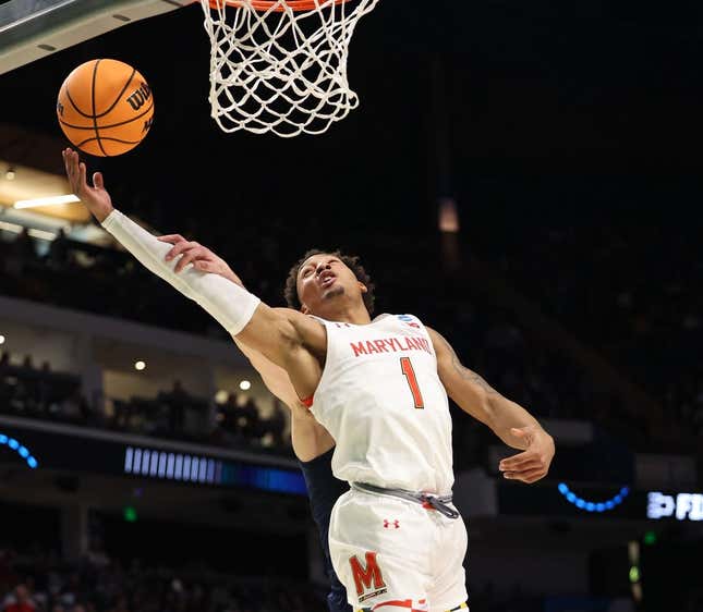 Mar 16, 2023; Birmingham, AL, USA; Maryland Terrapins guard Jahmir Young (1) reaches back for a rebound against the West Virginia Mountaineers during the first half in the first round of the 2023 NCAA Tournament at Legacy Arena.
