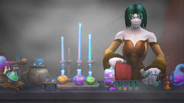 An undead character stands behind a table full of magical potion mixing equipment.