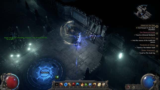 A Whirling Slash and Lightning Spear combo in Path of Exile 2.