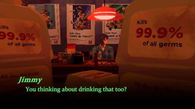 A woman sits at a table surrounded by mouthwash with the text on the screen "Jimmy: Are you thinking about drinking that too?"