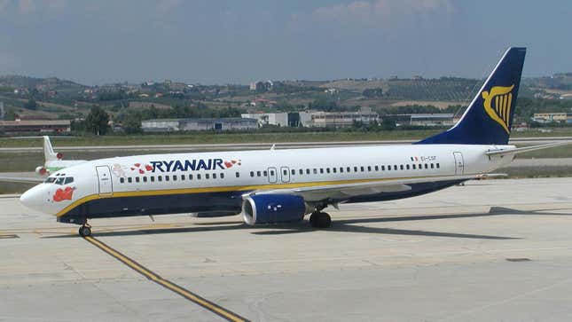 A Ryanair Boeing 737-800 plane parked at Abruzzo Airport in Pescara, Italy