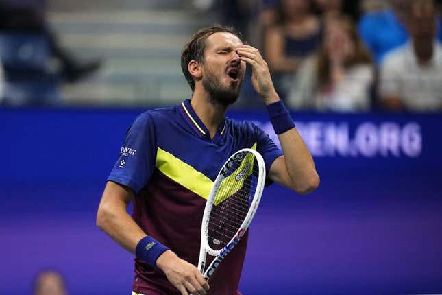 Sep 8, 2023; Flushing, NY, USA; Daniil Medvedev reacts after an error against Carlos Alcaraz of Spain in a men&#39;s singles semifinal on day twelve of the 2023 U.S. Open tennis tournament at USTA Billie Jean King Tennis Center.