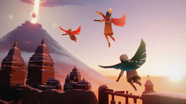 Children of the Light fly toward a mountain in Sky: Children of the Light, a free game on Switch.