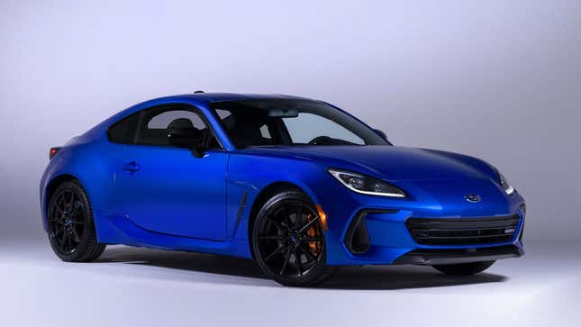 A photo of a blue Subaru BRZ sports car. 