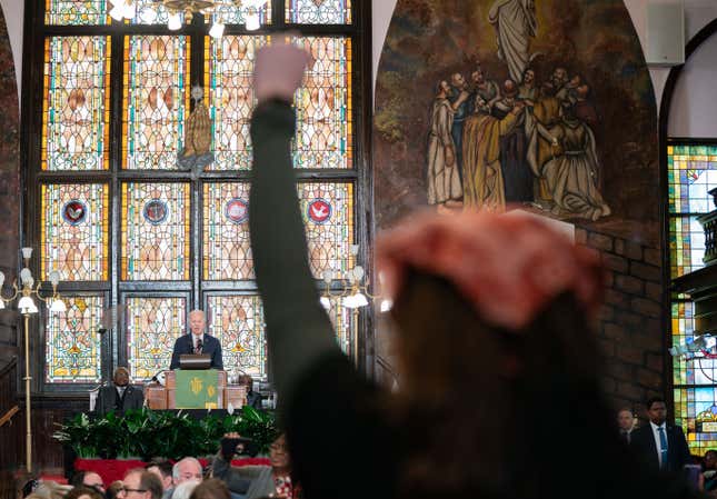 CHARLESTON, SOUTH CAROLINA - JANUARY 8: A protestor interrupts U.S. President Joe Biden during a campaign event at Emanuel AME Church on January 8, 2024 in Charleston, South Carolina. The church was the site of a 2015 shooting massacre perpetrated by a white supremacist. 