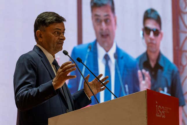 Indian Minister of Power, New and Renewable Energy and president of the International Solar Alliance, Raj Kumar Singh, speaks at a press conference during sixth session of the International Solar Alliance Assembly in New Delhi, India, Tuesday, Oct. 31, 2023. (AP Photo/Altaf Qadri)