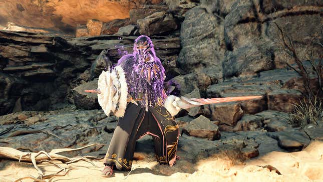 A Corrupted Mantle-wearing hunter holds a Sword & Shield.