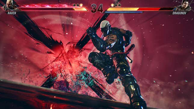 Raven from Tekken 8 runs forward toward the camera while fighting Dragunov.