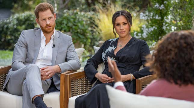 In this handout image provided by Harpo Productions and released on March 5, 2021, Oprah Winfrey interviews Prince Harry and Meghan Markle