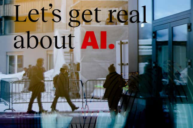 People reflected in a window of a hotel at the Davos Promenade with a slogan about AI alongside the World Economic Forum in Davos, Switzerland, Monday, Jan. 15, 2024. The AI technology has taken a large and growing slice of attention in Davos, this year the theme of Artificial Intelligence “as a driving force for the economy and society” will get about 30 separate sessions. (AP Photo/Markus Schreiber)