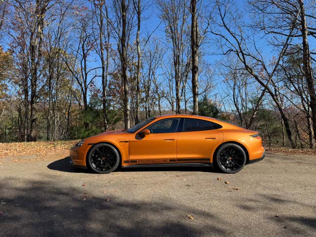 Side view of a Nordic Gold 2025 Porsche Taycan GTS sedan