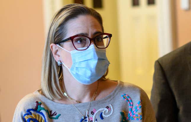 Senator Kyrsten Sinema (D-Arizona) is seen in the halls of the US Capitol in Washington, DC, on November 2, 2021.