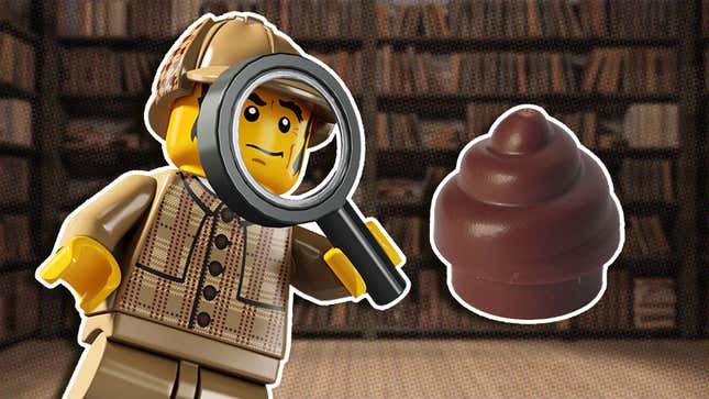 A Lego man uses a magnifying glass to look closely at some hovering Lego poop. 