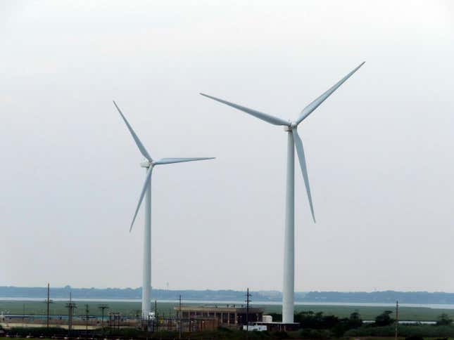 Land-based wind turbines in Atlantic City, N.J., turn on July 20, 2023. On Aug. 30, the offshore wind energy company Orsted said it is delaying its first offshore wind project in New Jersey until some time in 2026; it had previously been due to be completed by 2024. (AP Photo/Wayne Parry)