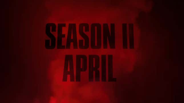 A cloud of smoke rises from the ground with black text reading "SEASON II APRIL" in front of it.