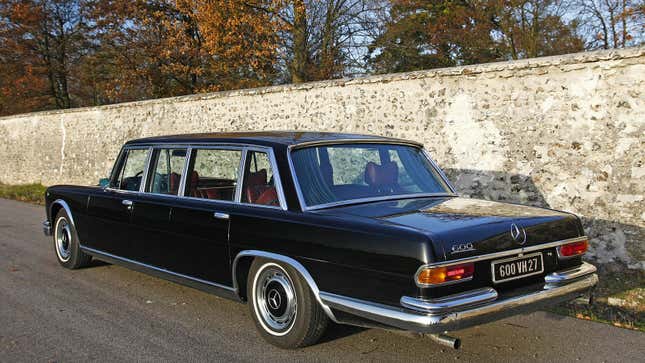 A photo of a black Mercedes 600 Pullman limo. 