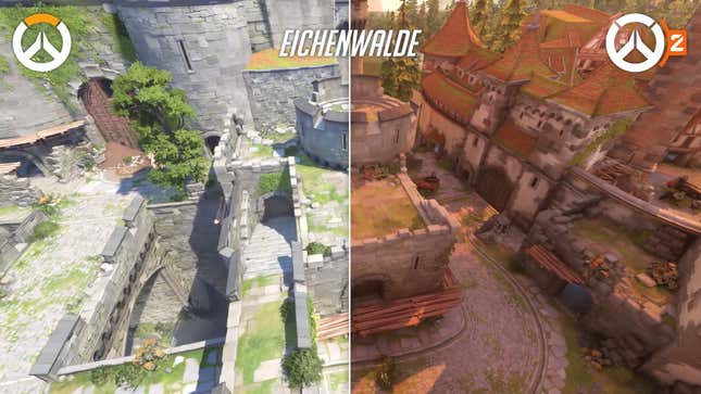 A side by size comparison of the Eichenwalde map from Overwatch 2.