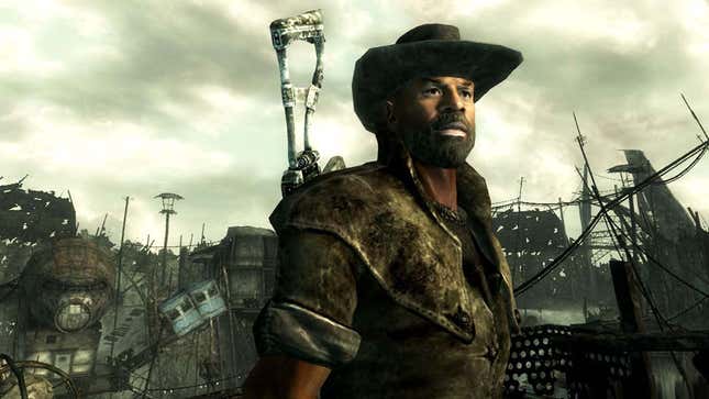 A screenshot shows a man in a cowboy hat as seen in Fallout 3. 