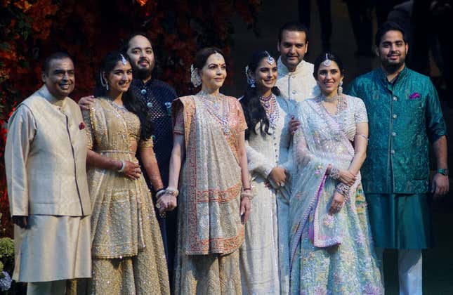 Mukeah Ambani, Nita Ambani, Isha Ambani, Anand Piramal, Shloka Mehta and Akash Ambani attend the Anant Ambani and Radhika Merchant's engagement ceremony on January 19, 2023 in Mumbai, India