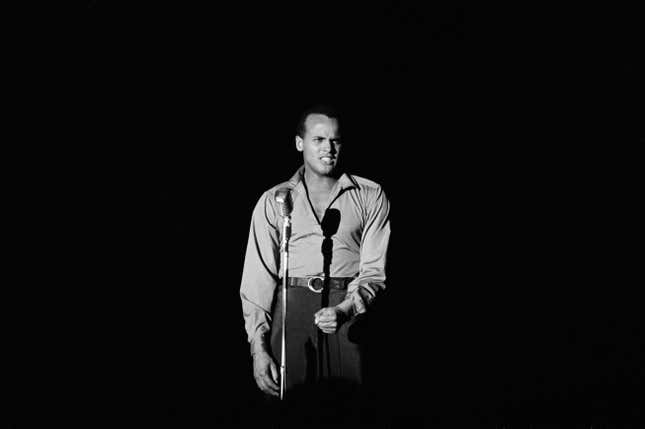 Harry Belafonte performing at the Riviera hotel in Las Vegas, 1957.