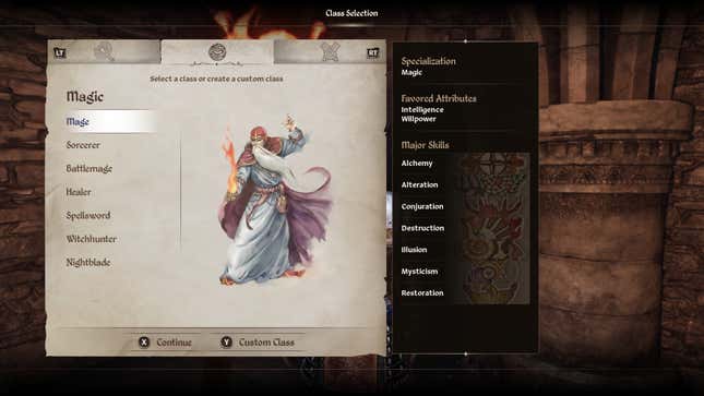 The character selection screen for the Mage in Oblivion Remastered.