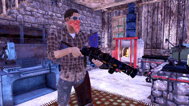 A character wearing aviator sunglasses and a bandana mask stands in a building while holding a massive shotgun.