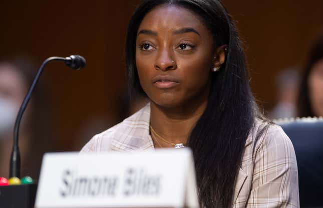 Simone Biles testifies during a Senate Judiciary hearing about the Inspector General’s report on the FBI handling of the Larry Nassar investigation of sexual abuse of Olympic gymnasts, on Capitol Hill, September 15, 2021 in Washington, DC. (Photo by Saul Loeb - Pool/Getty Images)