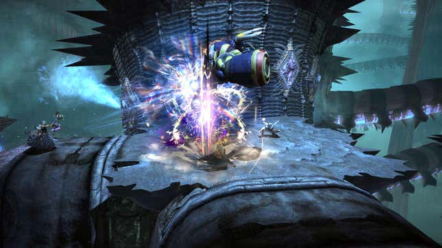 Characters fight a large creature with magic in a dark dungeon.