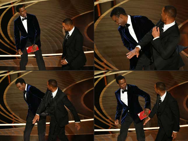 This combination of pictures created on March 28, 2022 shows US actor Will Smith (R) approaches US actor Chris Rock onstage,and US actor Will Smith (R) slaps US actor Chris Rock onstage, during the 94th Oscars at the Dolby Theatre in Hollywood, California on March 27, 2022. (Photo by Robyn Beck / AFP) (Photo by ROBYN BECK/AFP via Getty Images)