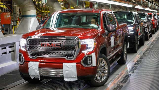 GMC trucks coming off the assembly line. 